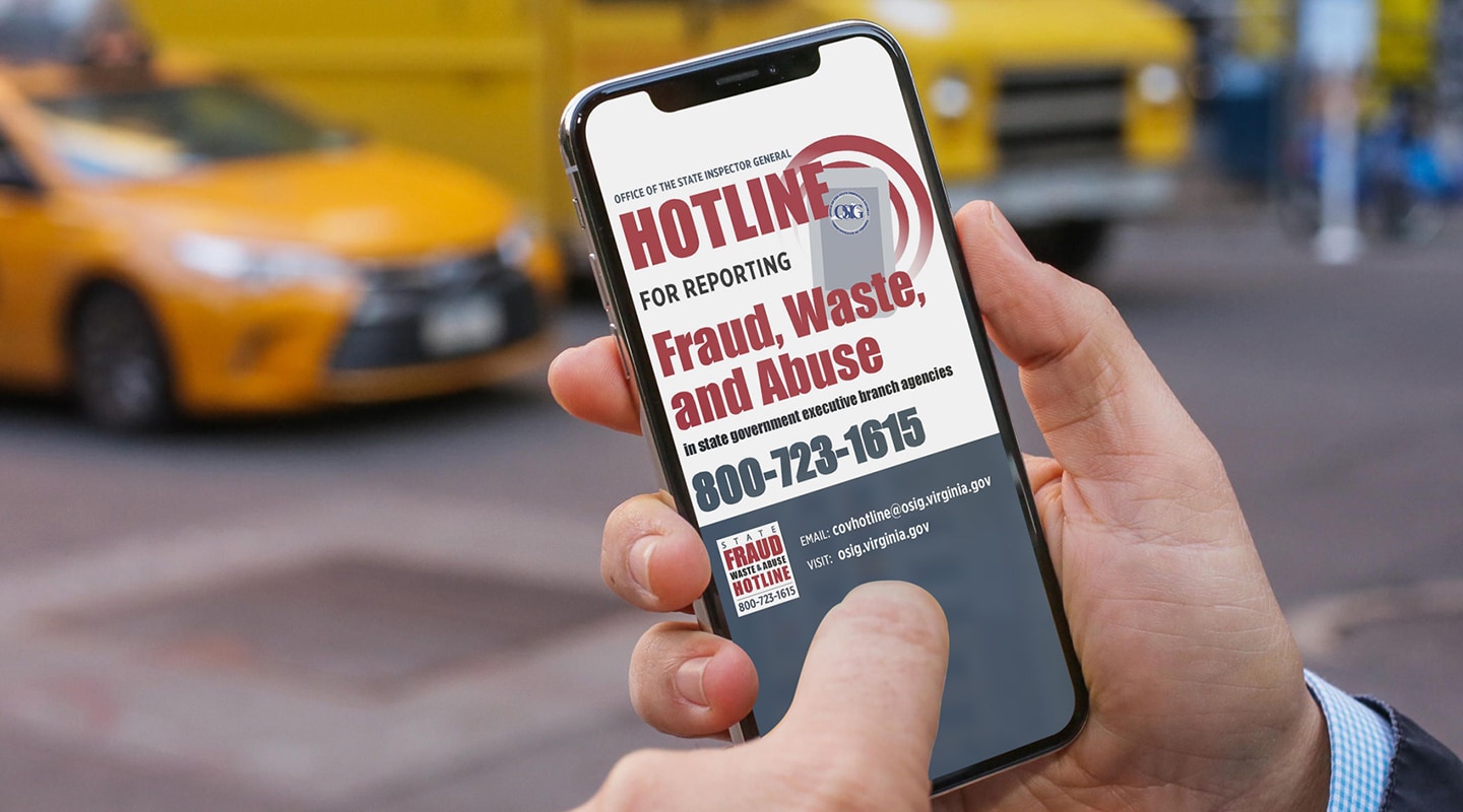 Affiche de la ligne directe de lutte contre la fraude, le gaspillage et les abus sur un iPhone